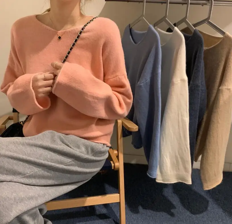 

2020 Winter Women's Casual Style Knit Solid Color V-neck Pullover Sweater
